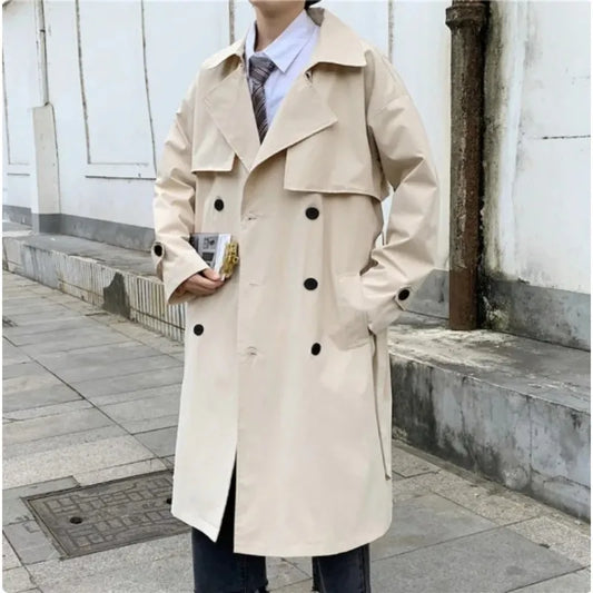 saferido Korean Style Trench Men Coat Trendy Streetwear Windbreaker Trenchcoat Solid Business Casual Streetwear Loose Long Overcoat