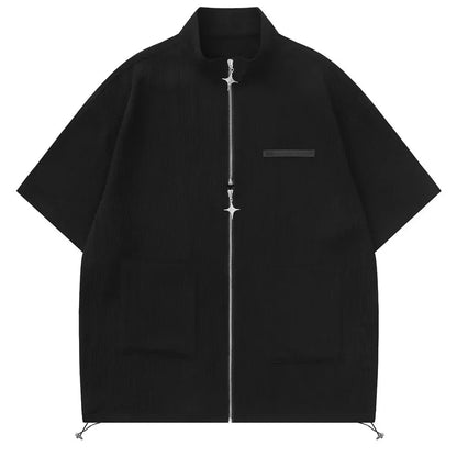 saferido Spring Summer Solid Waffle Shirt Men Zipper Shirts Trend Stand Collar Short Sleeve Tops Unisex Man Shirts Oversized Streetwear F