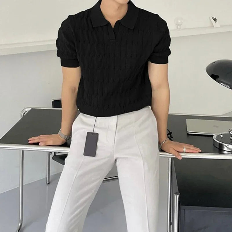 Jacquard Knitted Polo, Men's Casual V-neck Striped T-shirt, Solid Color Short Sleeve Lightweight Breathable Luxury Clothing
