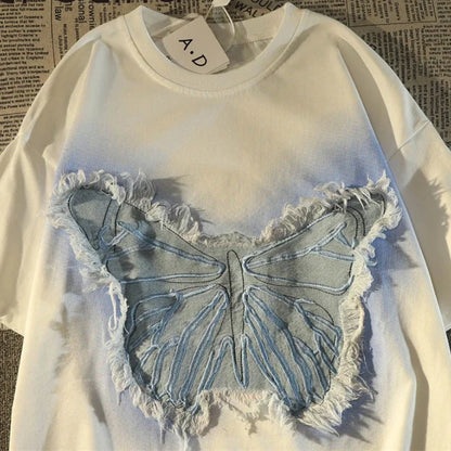 saferido American Vintage T Shirt High Street Patch Butterfly Short Sleeve O-neck T-shirt Men Women Oversize High Street Tops