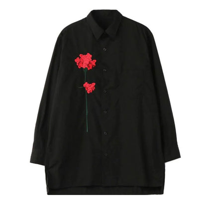 saferido Mens Autumn And Winter Japanese Red Dahlia Embroidered Shirt Floral Retro Essential Dark Style Long-Sleeved Shirt For Men
