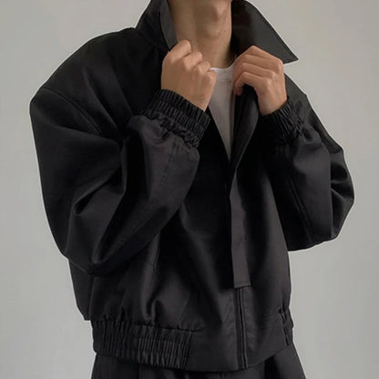 Spring New Short Jacket Men's Long Sleeved Solid Color Square Collar Fashion Loose Casual Zipper Bomber Jacket Streetwear