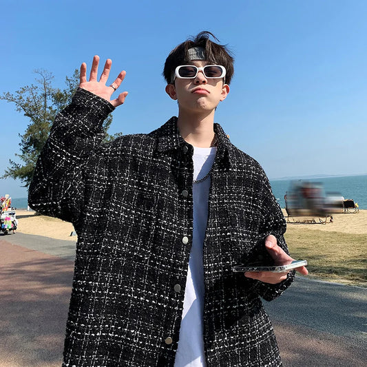saferido French small fragrance coat men's fashion high sense men's clothing spring and autumn tweed woven thousand bird check shirt men