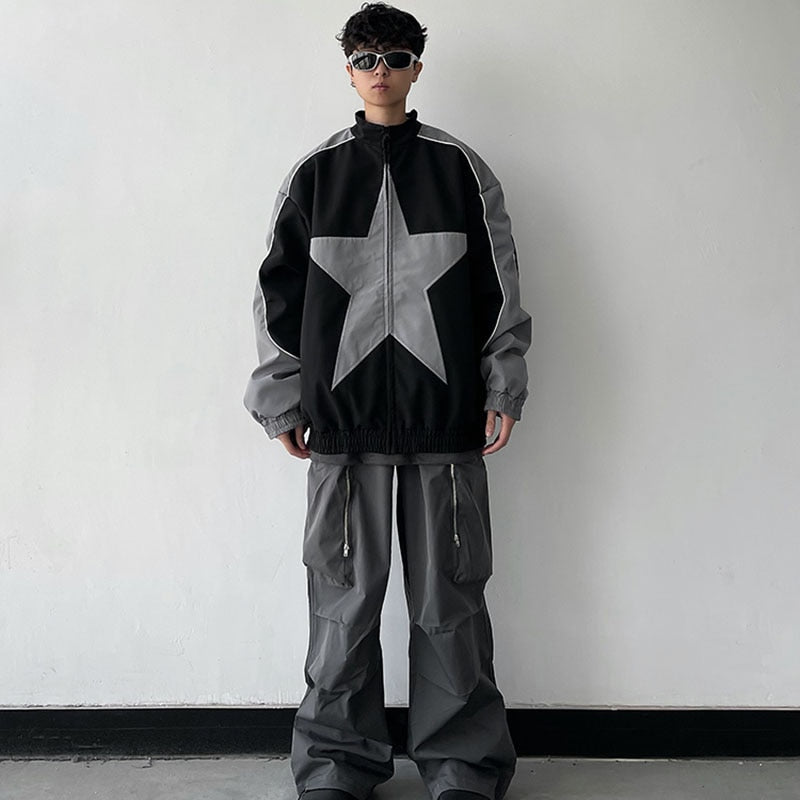 Spring Bomber Jacket Men Women Vintage Star Pattern Harajuku Y2k Windbreaker Coat Streetwear Zipper Patchwork Outerwear Unisex
