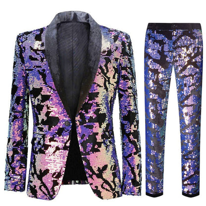 European Size (Blazer + Trousers) Men's Suit Fashion White Velvet Sequin Italian Style Wedding Wedding Groom Dress 2 Piece Set