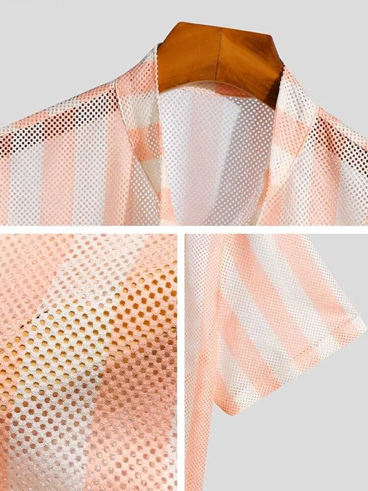 Casual Well Fitting Men's Mesh Striped Slightly Breathable Blouse Vacation Leisure Style Male Short-sleeved Shirts S-5XL