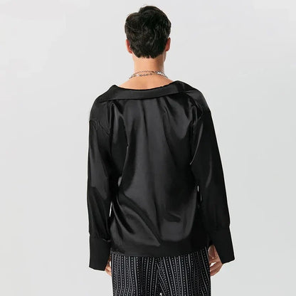 Men Shirt Solid Color V Neck Long Sleeve Satin Male Irregular Shirts Loose Streetwear Fashion Casual Camisas S-5XL INCERUN