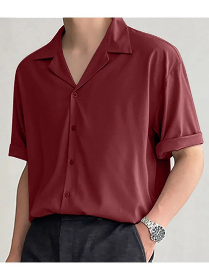 Men Casual Shirt Lapel Short Sleeve Button Streetwear Summer Men Clothing Solid Color Korean Fashion Shirts S-5XL