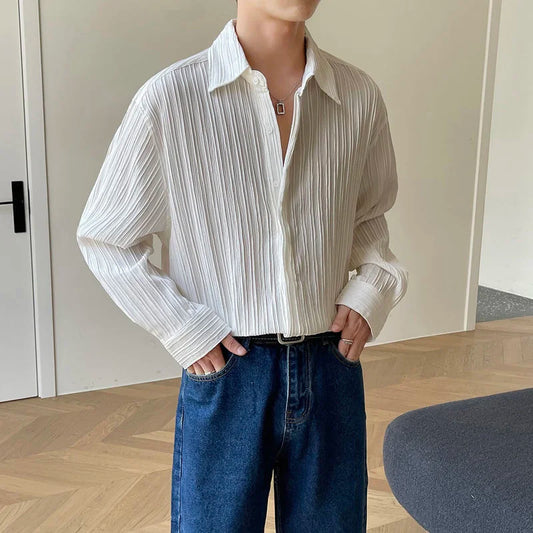 Autumn Long Sleeve Shirts Men Slim Fashion Social Mens Dress Shirts Korean Loose Casual Pleated Shirts Mens Formal Shirts M-2XL
