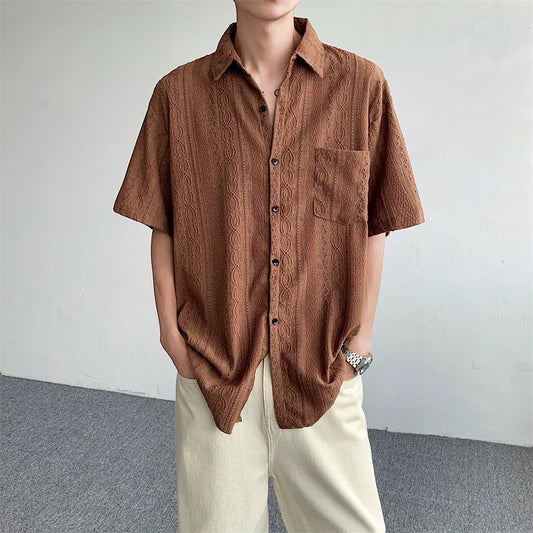 Korean Fashion Hollow Shirt for Men Summer Short Sleeve Button Trend Loose Niche Design Handsome Cotton Casual Shirts Men
