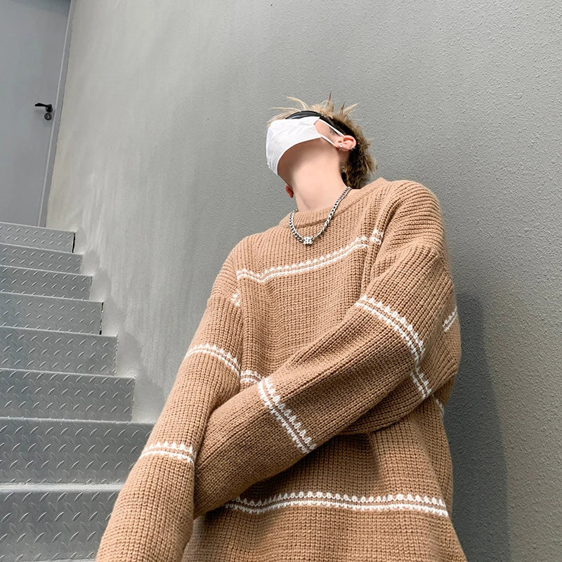 saferido Men Streetwear Harajuku Vintage Knitwears Oversized Knitted Sweater Winter Korean Fashions Striped Sweaters Pullovers