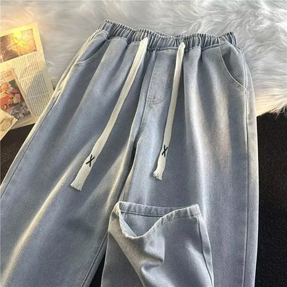 saferido Spring And Autumn Harajuku Hong Kong Style Simple Loose Trend Ins Versatile Casual Drawstring Straight Long Pants Jeans For Men