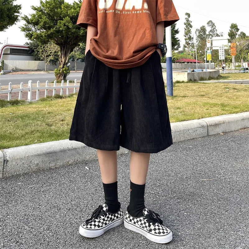 saferido Brown Corduroy Shorts Oversized Baggy Five Point Trousers Summer Korean Fashion Wide Leg  Ins Hip Hop Bottoms Men