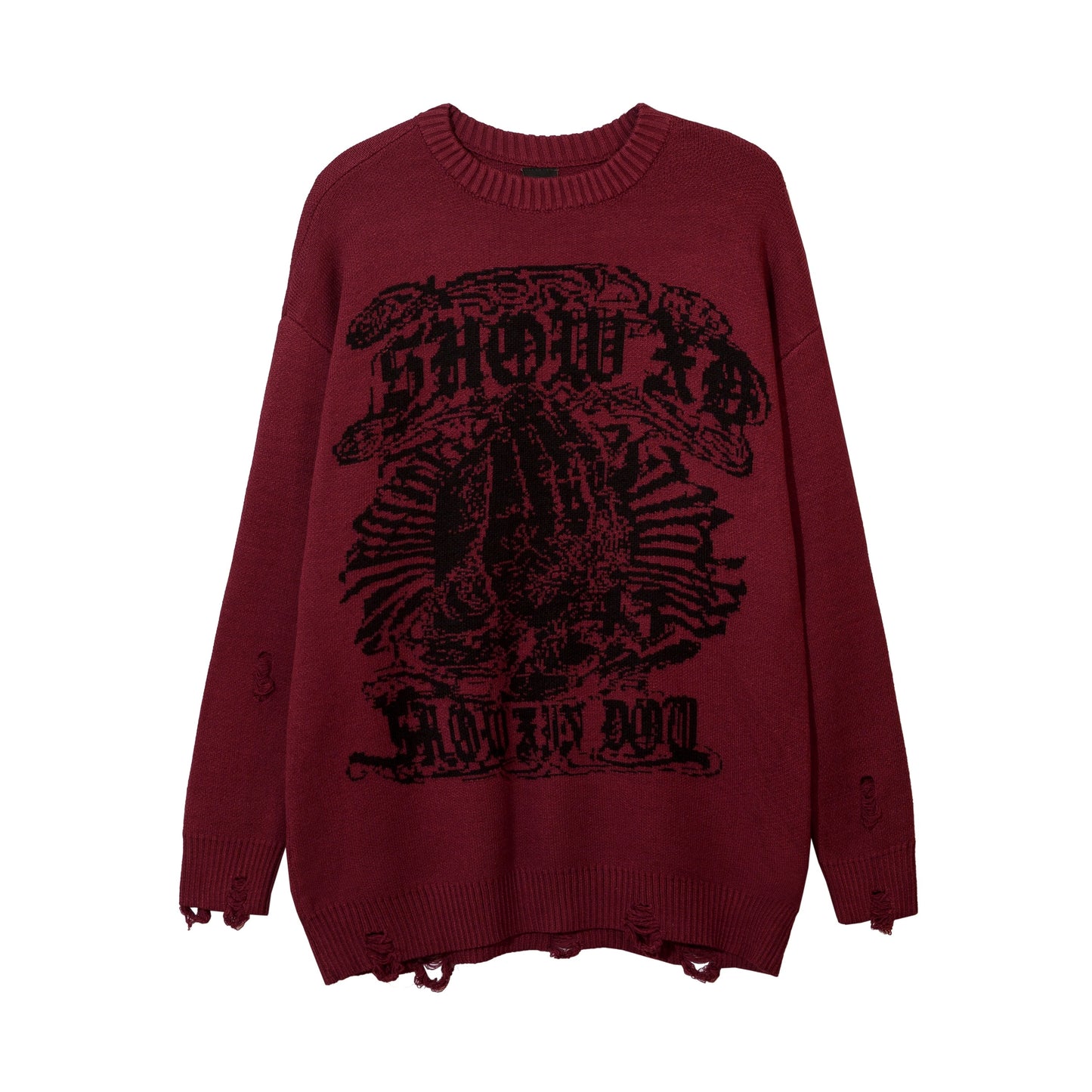Harajuku Printed Knitwears Women Streetwear Hip Hop Destroyed Hole Ripped Pullovers Jumper Oversized Men