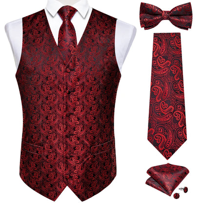 Men Black Paisley Vest Necktie Bowtie Pocket Square Cufflinks Dress Set Classic 5 PCS Business Waistcoat for Man