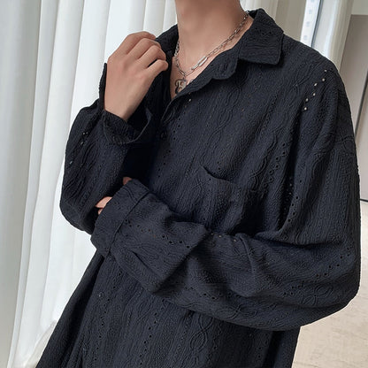Apricot Handsome Lapel Men Blouse Vacation Hollow Out Sexy Fashion Men Clothing Male Mesh Long-sleeved Shirts Tops