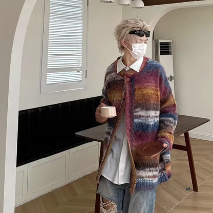 saferido Striped Knitted Sweater Coat Men Japanese Y2K Oversize Casual Autumn Winter Loose V-Neck Cardigan for Men Rainbow Color