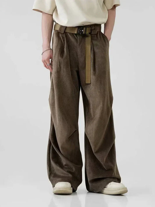 Pleated Brushed Pants Men Hip Hop Korean Wide Leg Trousers Male High Waist Oversize Casual Streetwear Vintage Autumn