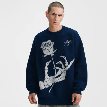 saferido Sweater Rose Skeleton Sweater Men's Autumn and Winter American Vintage Jacquard Loose and Lazy Couple Knitwear Men's and Women's