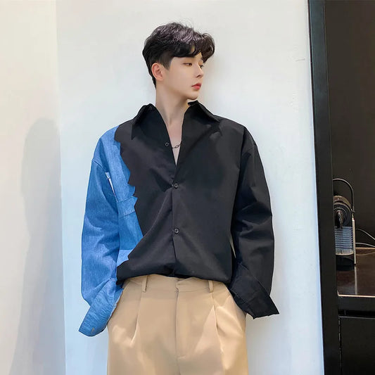 saferido Spring Autumn Korean retro denim stitching shirt men's Korean loose casual design Fashion Show Punk Rock Style Dress Shirts