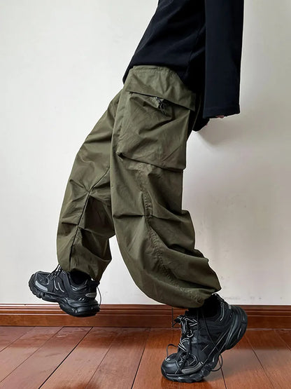 saferido Black samurai men's pants oversize pants high street fashion plush knickerbockers American straight charging overalls