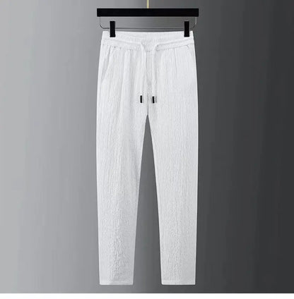 Spring Summer New Fashion Suit Men Long Sleeve Casual Shirts And Pant Seersucker Striped Pleats Slim Handsome Two-piece Set