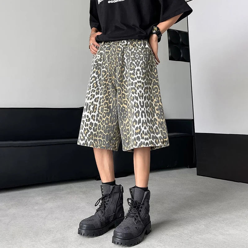 Leopard Print Design Personality Trendy Seven-point Pants Korean Original New Men Fashion Street Men's Shorts LZ3181