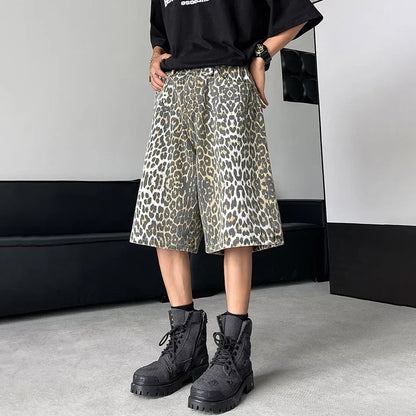 Leopard Print Design Personality Trendy Seven-point Pants Korean Original New Men Fashion Street Men's Shorts LZ3181
