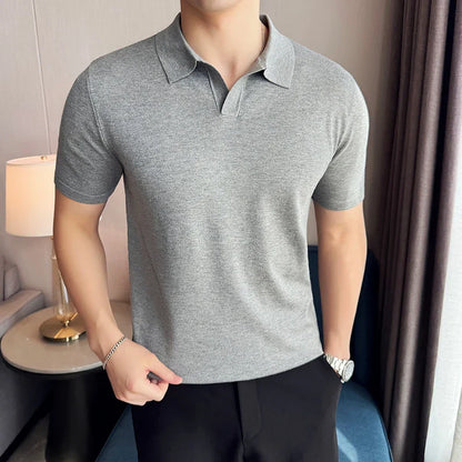 High Elasticity Men Short Sleeved Polo Shirt Summer Ice Silk Light Thin Solid Casual Lapel Knitted T-shirt Men Clothing