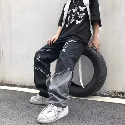 saferido Mens Jeans Pants With Hole Casual Vintage Straight Leg Korean Fashion Streetwear Harajuku Trousers