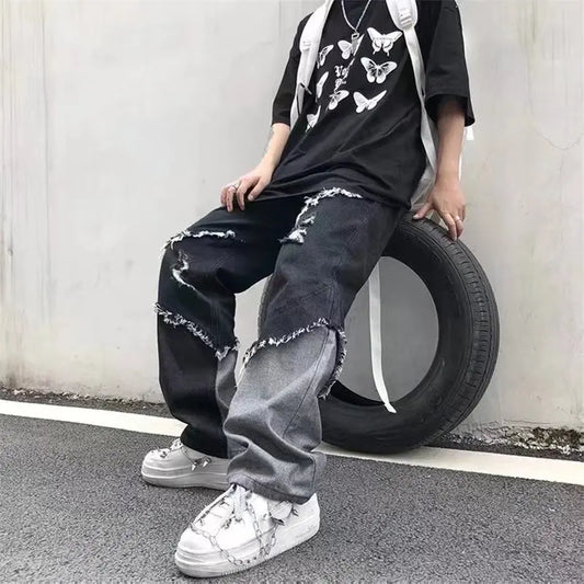 saferido Mens Jeans Pants With Hole Casual Vintage Straight Leg Korean Fashion Streetwear Harajuku Trousers