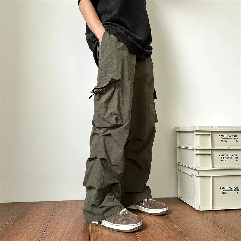 saferido Summer Thin Pants Men Fashion Pocket Cargo Pants Men Japanese Streetwear Hip-hop Loose Straight Pants Mens Oversized Trousers
