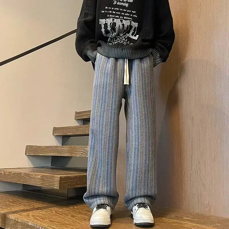 American Vintage Maillard Striped Casual Pants For Men Loose Straight Leg Wide Leg Trousers Autumn Winter Thick Woolen Pants