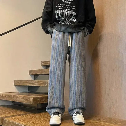 American Vintage Maillard Striped Casual Pants For Men Loose Straight Leg Wide Leg Trousers Autumn Winter Thick Woolen Pants