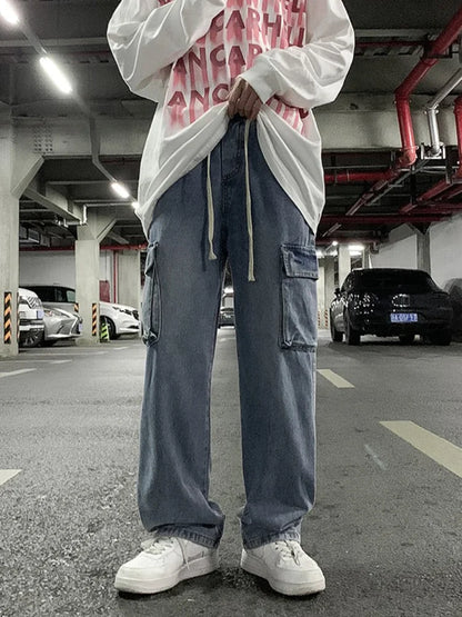 saferido Unisex Workwear Jeans Men Hip Hop Streetwear Denim Pants Spring Autumn Chic Hong Kong Style Wide Leg Straight Trousers