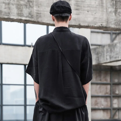 saferido Black Oversized Short Sleeve Shirt Men's Korean Style Drop Shoulder Shirt Harajuku Loose Single Breasted Shirt