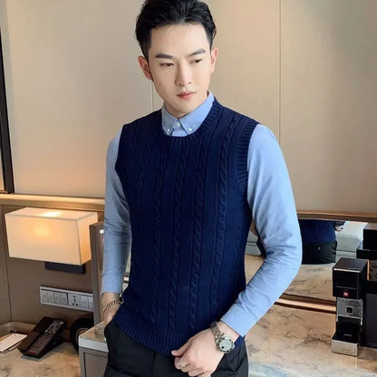 Knit Sweater Male Solid Color Sleeveless Plain Men's Clothing Blue Vest Waistcoat Jumpers Plus Size Best Selling Products