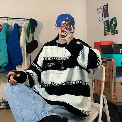 saferido Patchwork Striped Men's Knitted Sweater Blue Pullovers Punk Black Sweaters Male Oversize Korean Streetwear Hip Hop