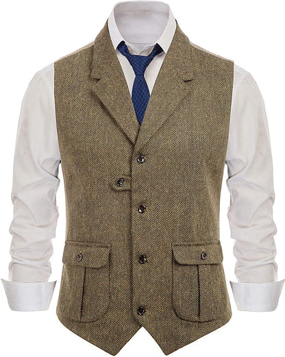 Herringbone Men's Vests Casual Suit Vest Notch Lapel with Two Pockets Herringbone Waistcoat for Wedding Groomsmen  Men Vest