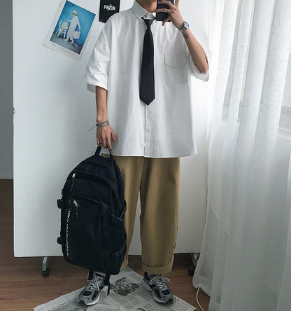 saferido       Summer New Fashion Loose Solid Shirts Men's  Casual Short Sleeve Shirts Turn-down Collar Clothing Blouses Tops Q02