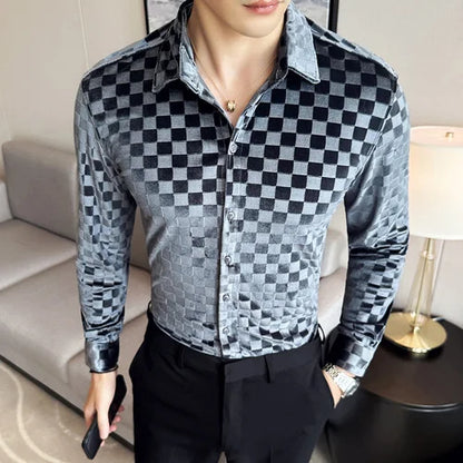 saferido Men Clothing Spring High Quality Canary Velvet Long Sleeve Shirts/Male Slim Fit Plaid Luxury Office Dress Shirts Plus Size 4XL-M