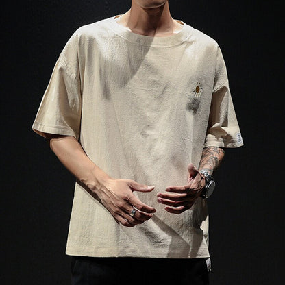 Summer New Men's Short-Sleeved T-shirt Cotton and Linen Casual Men's T Shirts Male Breathable Loose Hip Hop Embroidery Top Tees