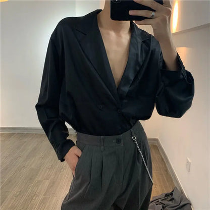 Spring New Deep V-neck Shirt Men Thin Solid Color Korean Style Mens Shirts High-end Design Double-breasted Long Sleeve Shirt