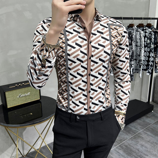 Men's Classic Geometric Print Shirt Spring Autumn Retro Casual Slim Fit Long Sleeve Shirts Men Party NightClub Shirts