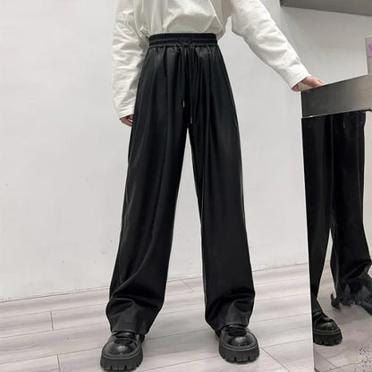 saferido Casual Drawstring PU Leather Long Pants Men Trousers Spring Fall  Loose Y2k Elastic Waist Straight Wide Leg Faux Leather Pants
