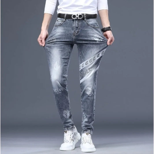 saferido Mens Denim Print Pants Jeans Korea Slimming Trendy Casual Jeans All-match Streetwear Light Luxury Men Jeans Pants for Men