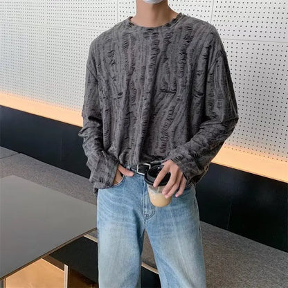 Korean INS Niche Design Men Clothing Round Neck Hole T-shirt Men and Women Long Sleeve Retro Loose Casual Drape Mens T Shirts