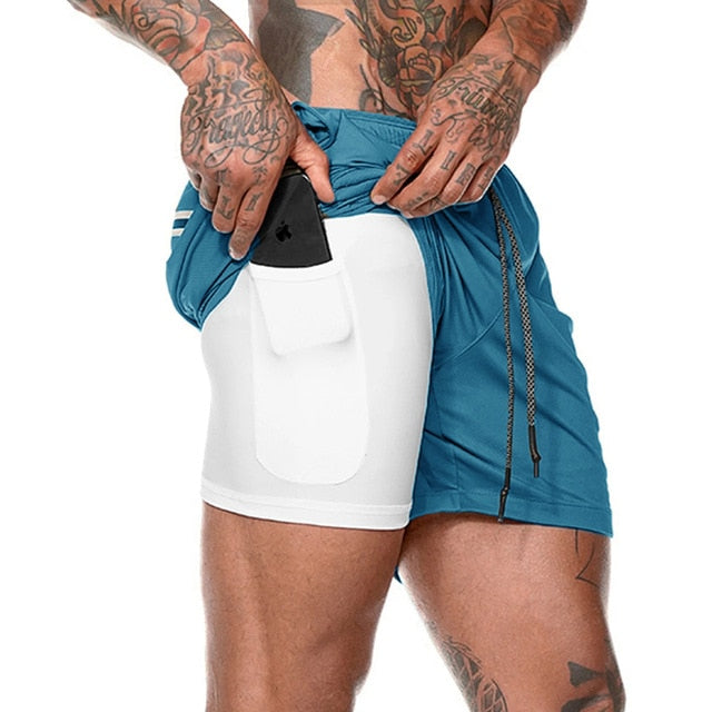Gyms Fitness Shorts Men Summer Sportswear 2 In 1 Double-deck Compression Shorts Male Tracksuits Track Joggers Short Pants