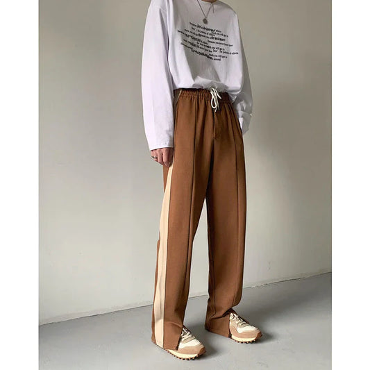 saferido Korean Men's Loose Elastic Waist Casual Pants Open Fork Wide Leg Pants Vintage Trousers Green/brown Joggers Sweatpants