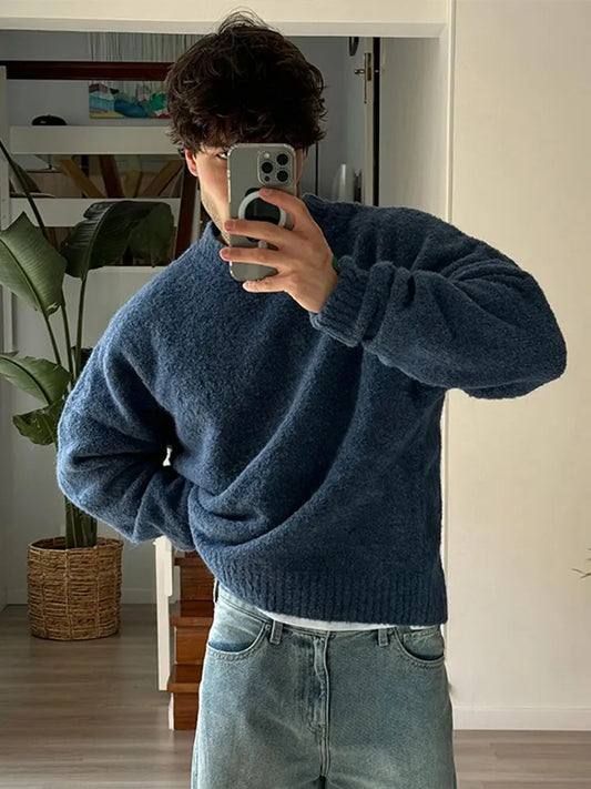 saferido Fashion Bottoming Knitted Sweater Men's Autumn Casual Round Neck Solid Color Tops Korean Style Simple Versatile Loose Pullover